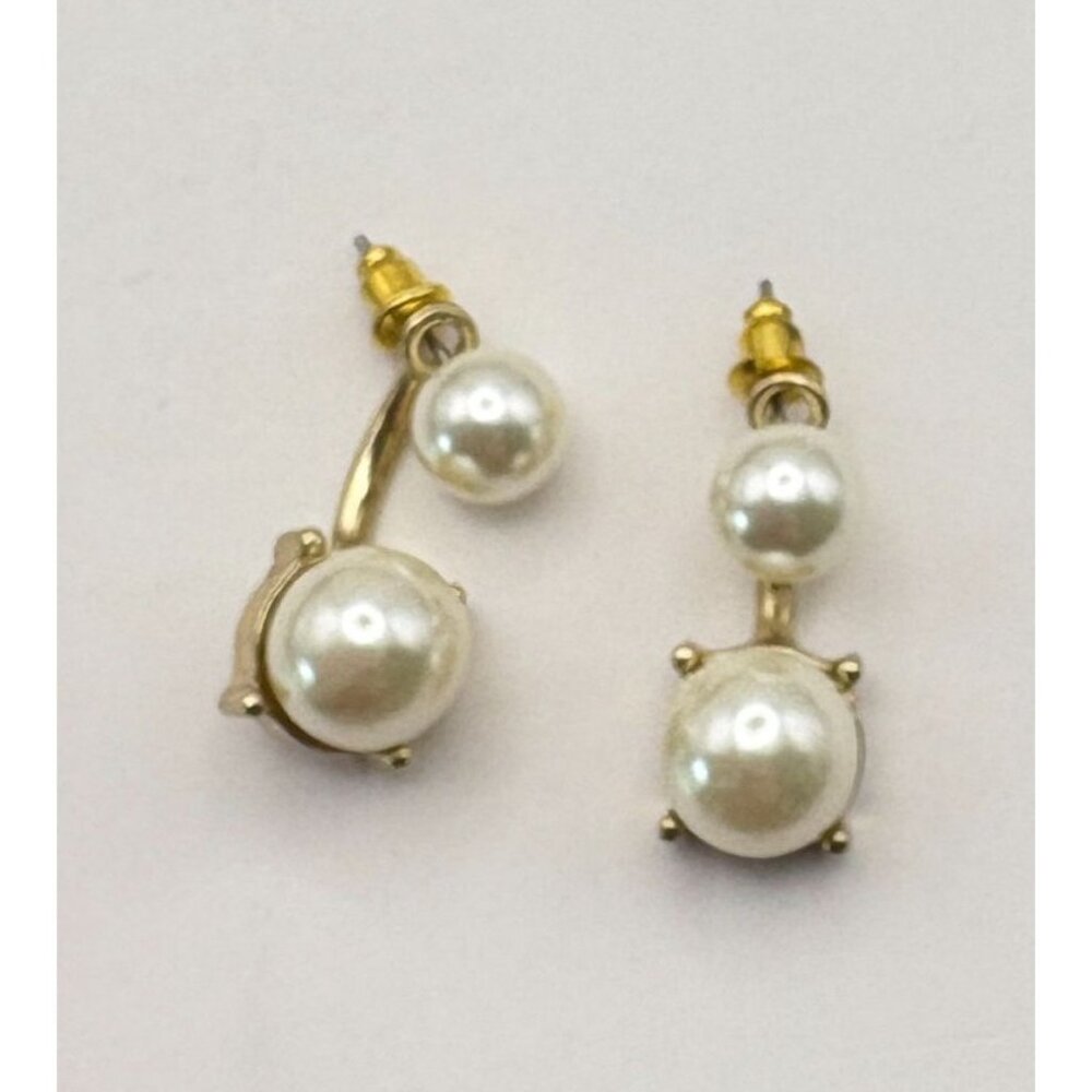 Faux Pearl Gold Tone Double Drop Earrings Classic Elegant Style - Picture 5 of 6